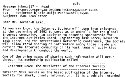 Vabilo ob ustanovitvi Internet Society v l.1992 za prispevek o YUNAC-u v njihovem glasilu