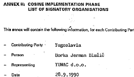 Zadnja stran pogodbe o partnerstvu YUNAC-a v projektu EUREKA 8/COSINE